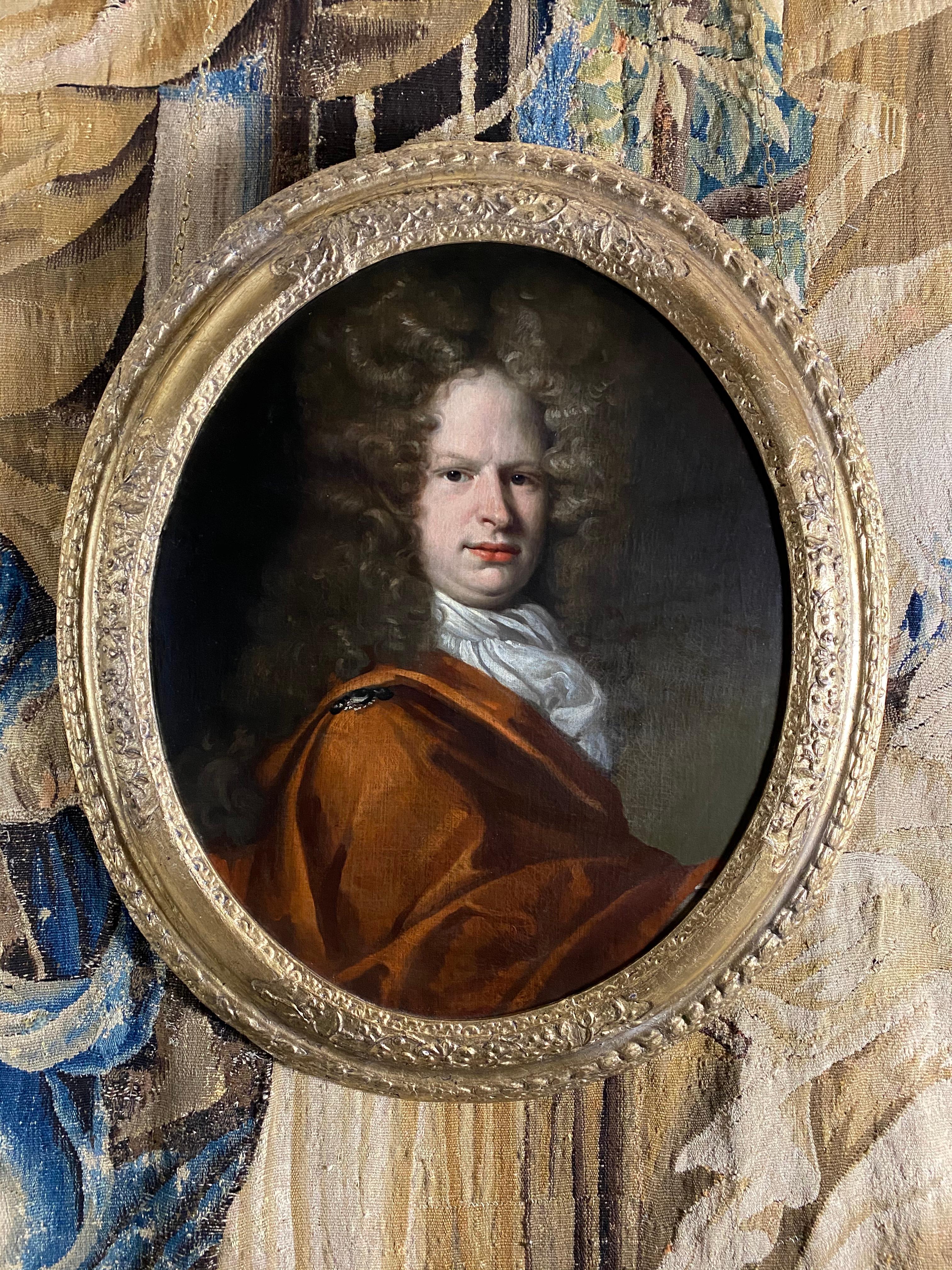 17th Century English Oil Portrait of a Gentleman wearing an Orange Silk Cloak For Sale 2
