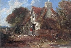 Antique 19th Century English Oil Painting Figures outside Country Cottage