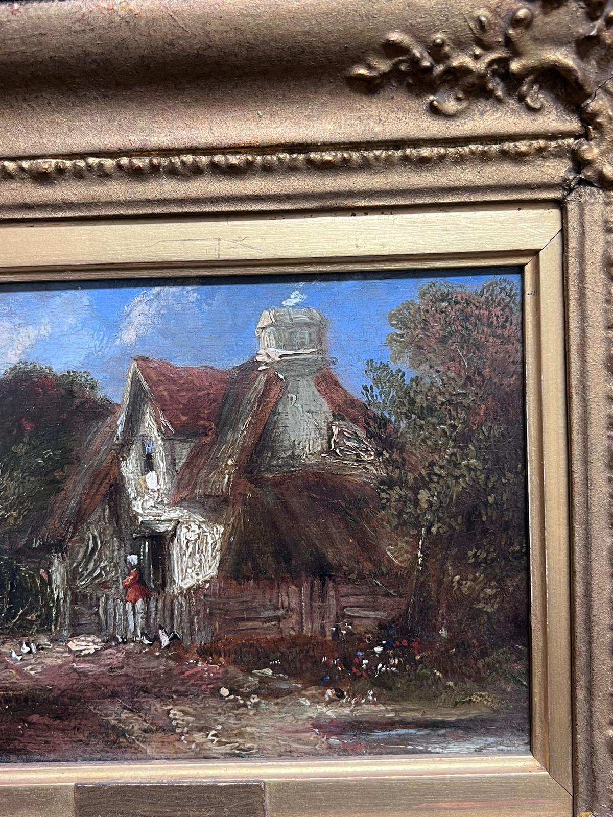 Antique 19th Century English Oil Painting Figures outside Country Cottage - Brown Figurative Painting by circle of John Constable