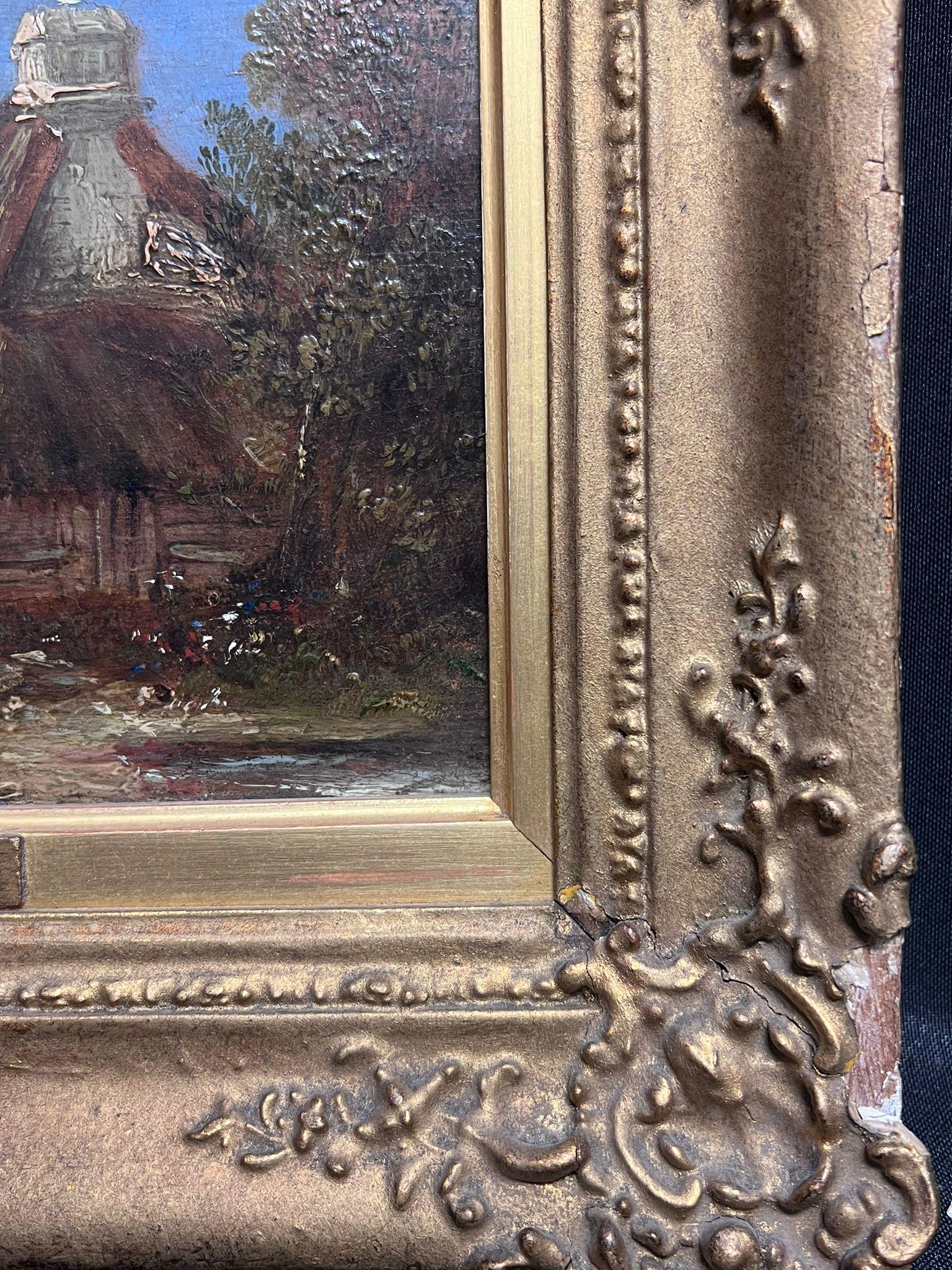 Antique 19th Century English Oil Painting Figures outside Country Cottage For Sale 1