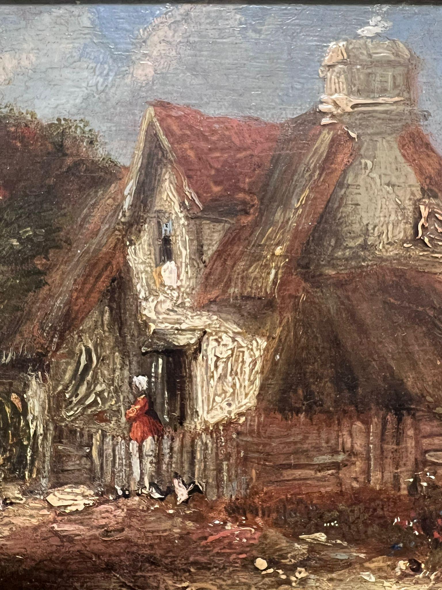 Antique 19th Century English Oil Painting Figures outside Country Cottage For Sale 2