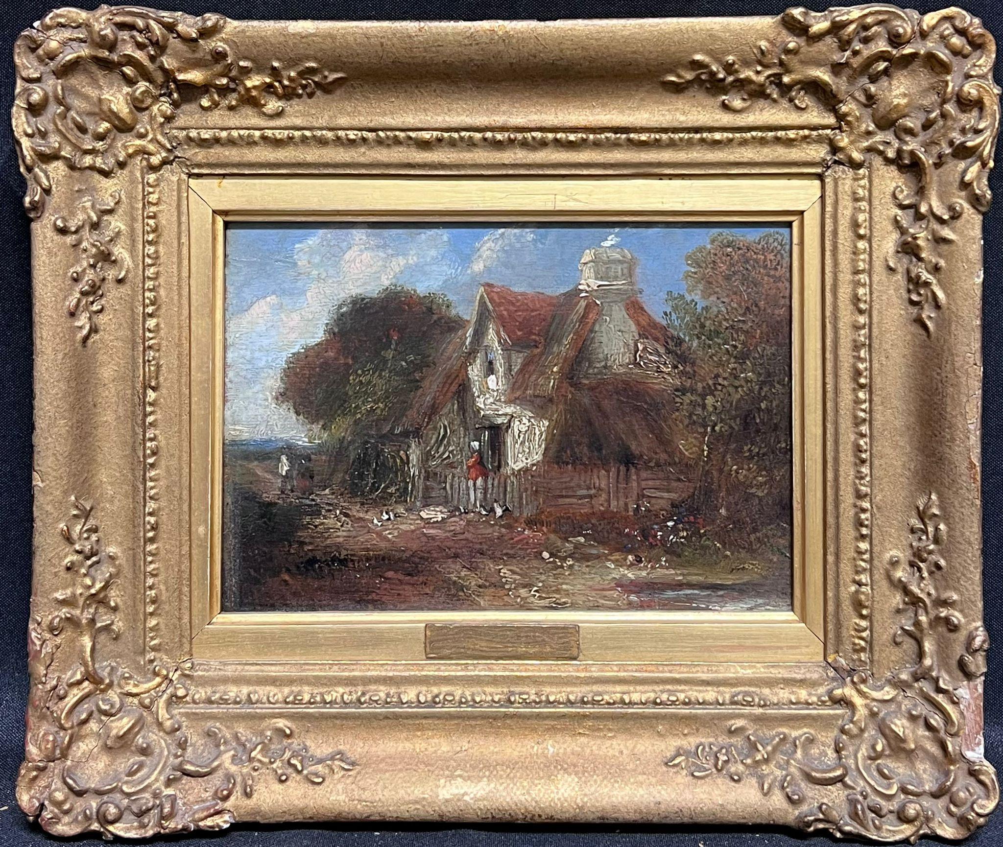 circle of John Constable Figurative Painting - Antique 19th Century English Oil Painting Figures outside Country Cottage