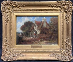 Antique 19th Century English Oil Painting Figures outside Country Cottage