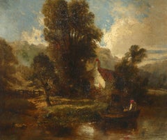 Antique Original English Oil Painting River Landscape with Cottage, Figure Boat