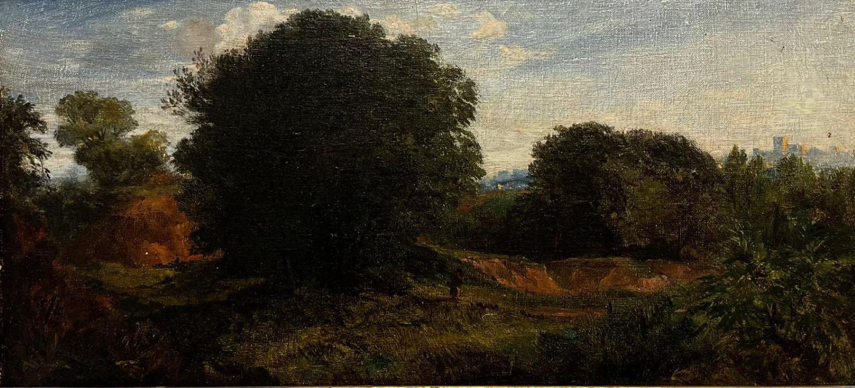 Figure à l'huile anglaise du début des années 1800 dans un paysage boisé rural, original - Painting de circle of John Constable
