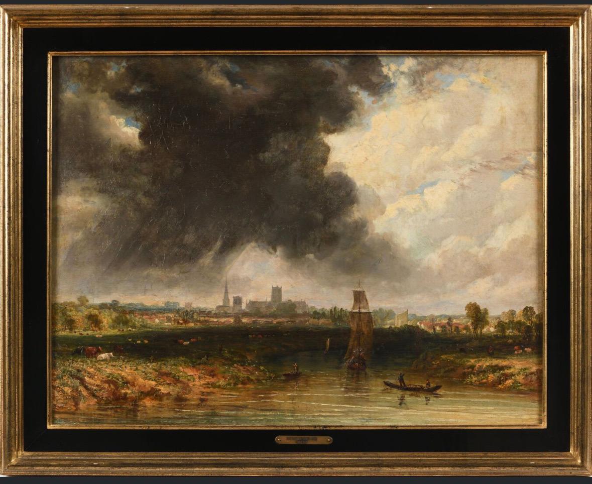 Des nuages de tempête anglais des années 1830 Paysage du Norfolk Norwich Cathedral River Yare