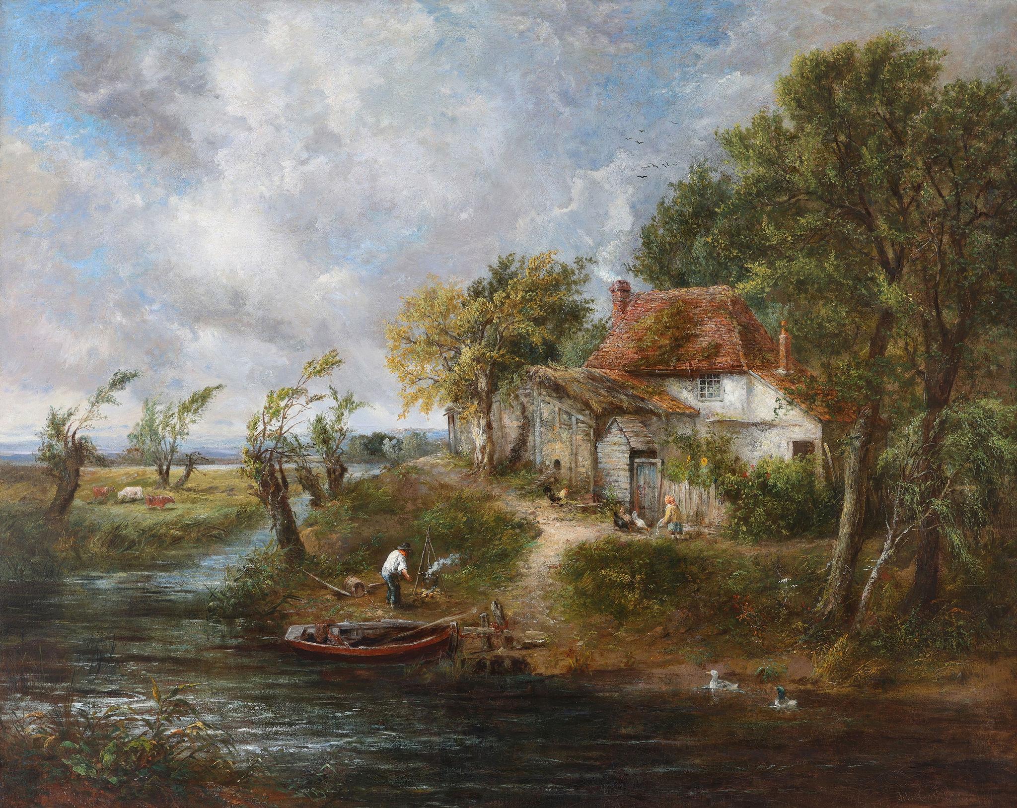 A Country Scene With a Woman Feeding the Chickens - Painting by (Circle of) John Constable