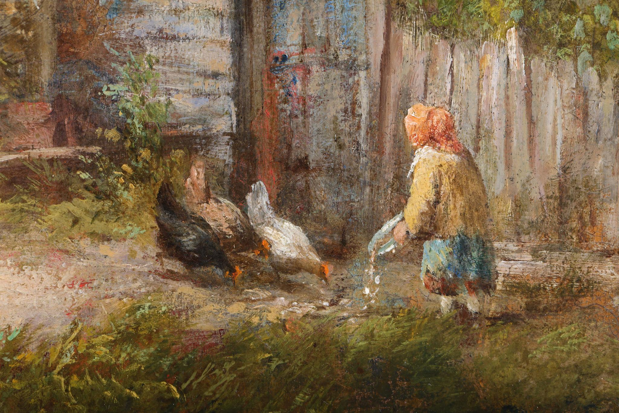 A Country Scene With a Woman Feeding the Chickens For Sale 1