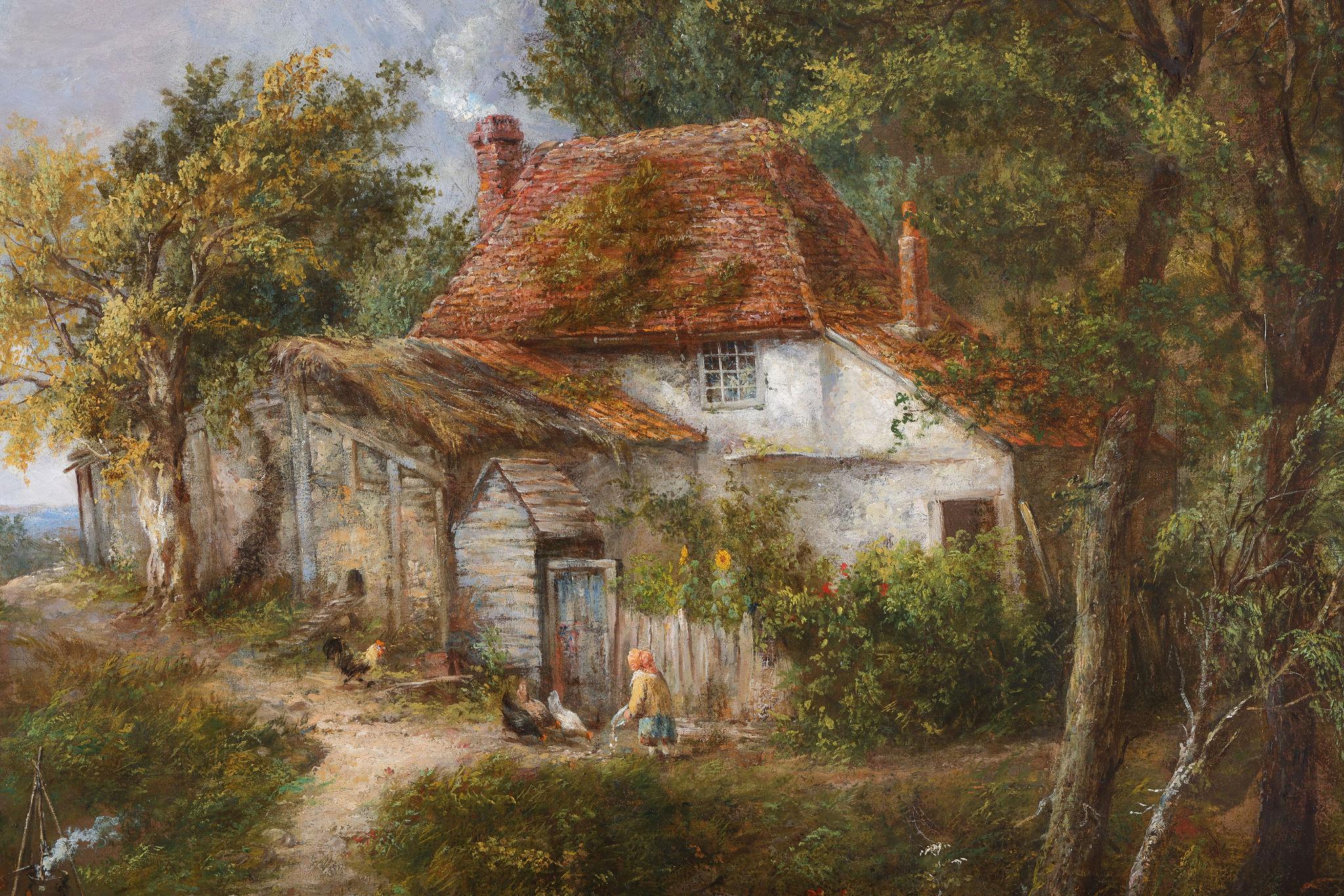 A Country Scene With a Woman Feeding the Chickens For Sale 2