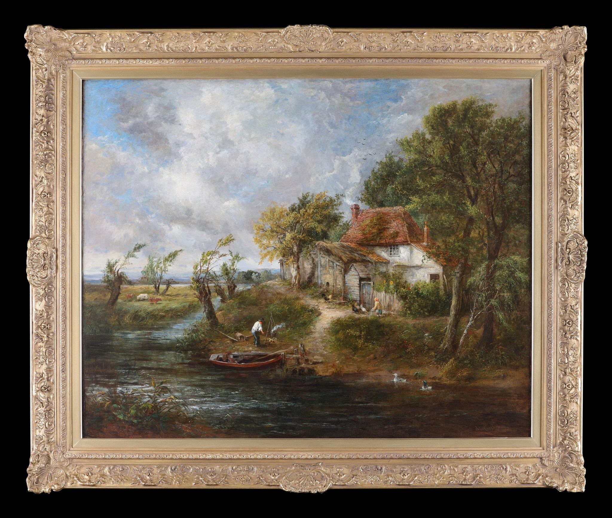 (Circle of) John Constable Landscape Painting - A Country Scene With a Woman Feeding the Chickens