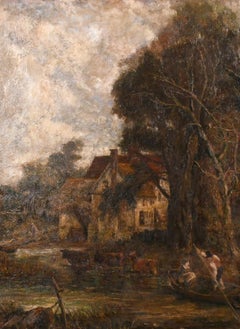 VICTORIAN OIL - FOLLOWER OF JOHN CONSTABLE - RURAL RIVER LANDSCAPE FIGURES PUNT