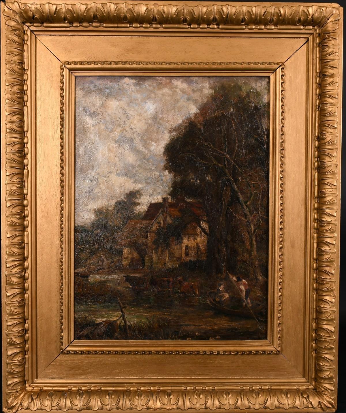 (Circle of) John Constable Animal Painting - VICTORIAN OIL - FOLLOWER OF JOHN CONSTABLE - RURAL RIVER LANDSCAPE FIGURES PUNT