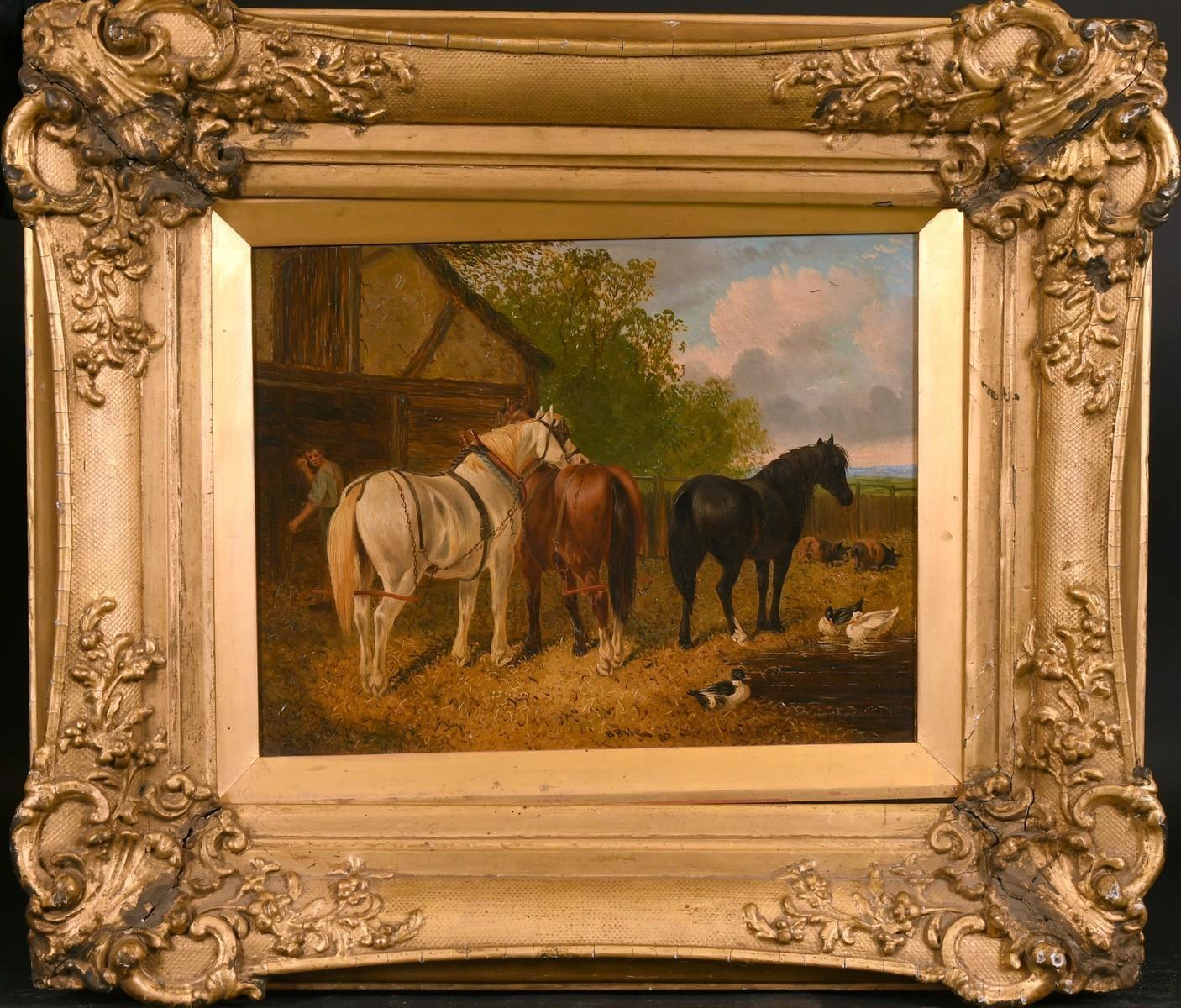 Unknown Landscape Painting - VICTORIAN OIL - HORSES DUCKS & PIGS RURAL FARMYARD SCENE ENGLISH LANDSCAPE