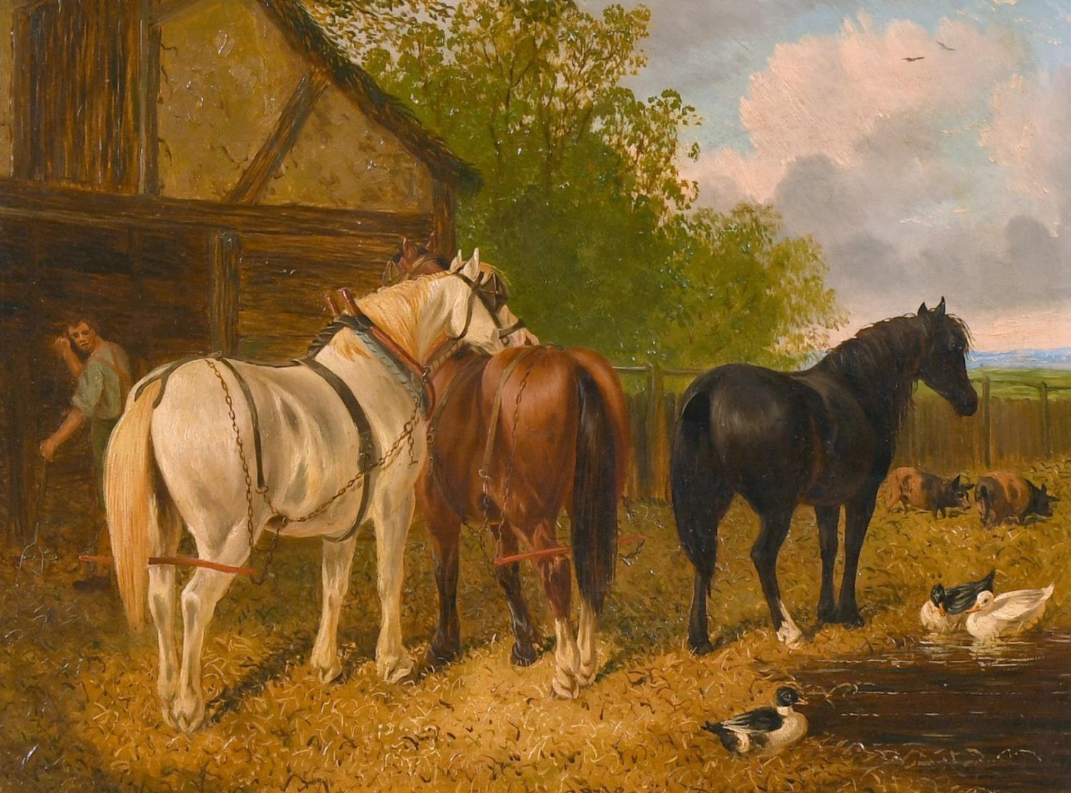 VICTORIAN OIL - HORSES DUCKS & PIGS RURAL FARMYARD SCENE ENGLISH LANDSCAPE - Painting by Unknown