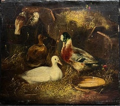 Victorian Oil Painting Ducks & Pigeon in Barn Interior Antique Oil Painting