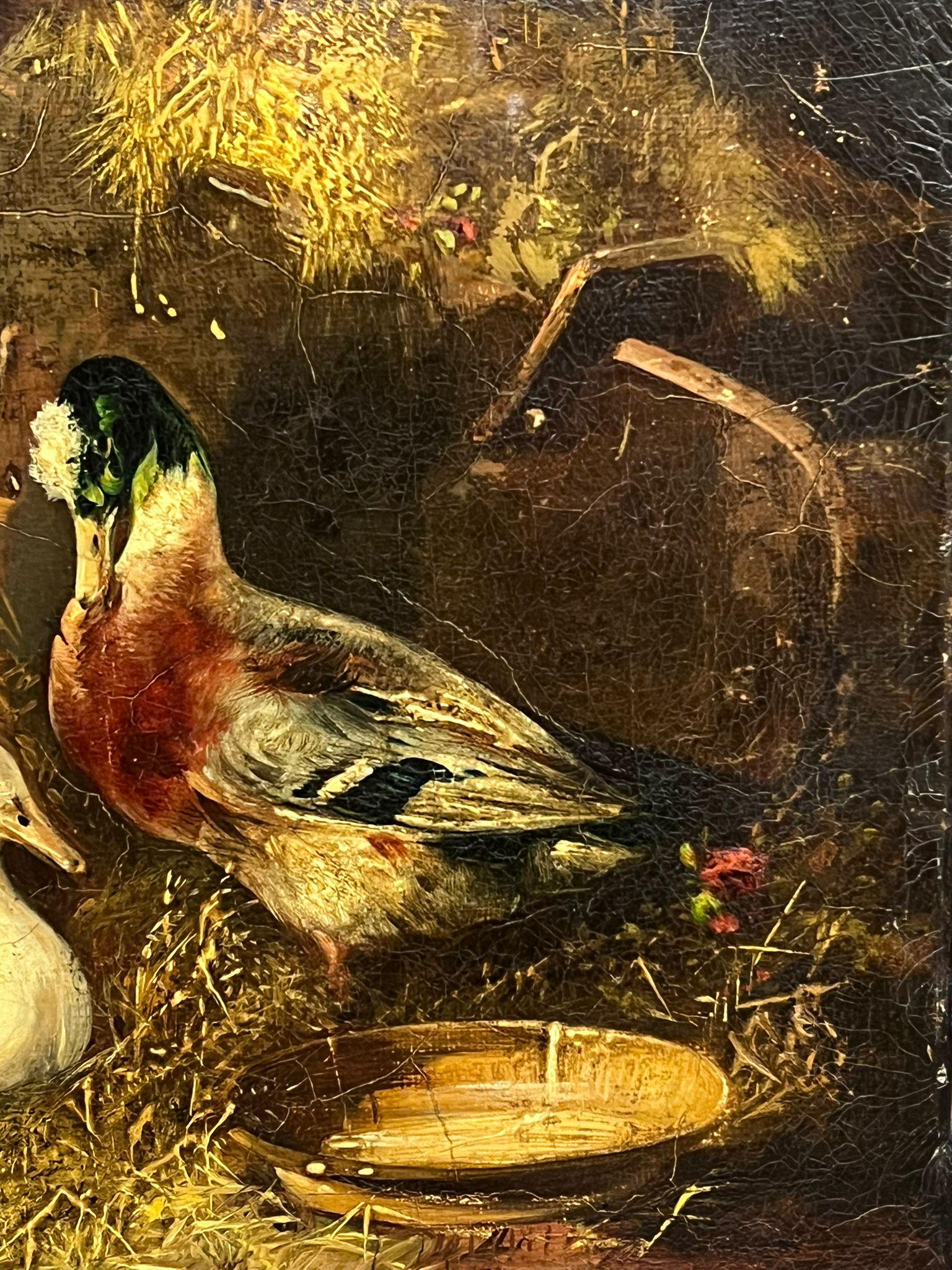 Victorian Oil Painting Ducks & Pigeon in Barn Interior Antique Oil Painting For Sale 1
