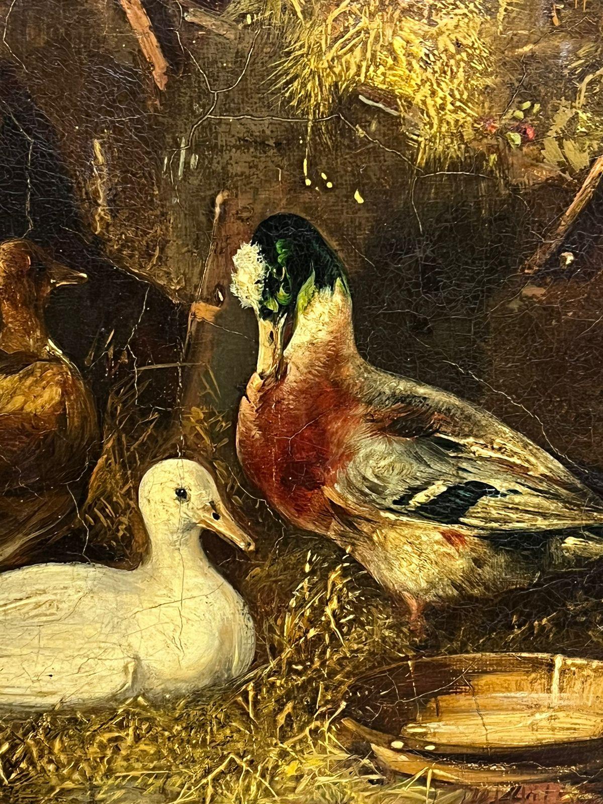 Peinture à l'huile victorienne Canards et pigeons à l'intérieur d'une grange Peinture à l'huile ancienne en vente 1