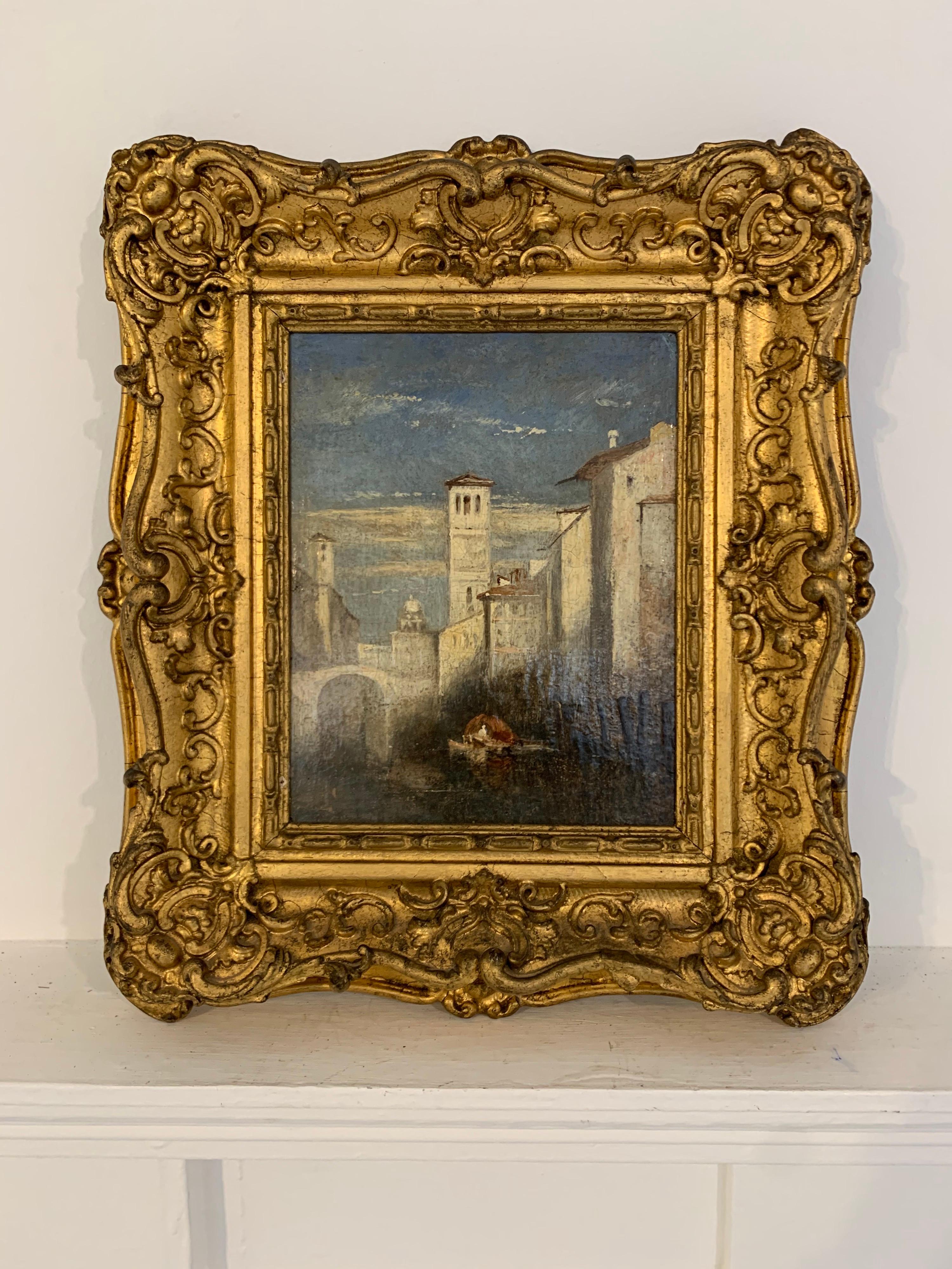 The Venetian Backwater
British School, c. 1850's
circle of Joseph Mallord William Turner (British 1775-1851)
oil painting on panel, framed
panel: 23cm x 18cm

Very fine quality period British oil painting, depicting this quiet Venetian backwater