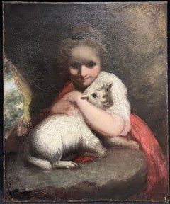 Fine 18th Century British Old Master Oil The Young Shepherdess with Lamb