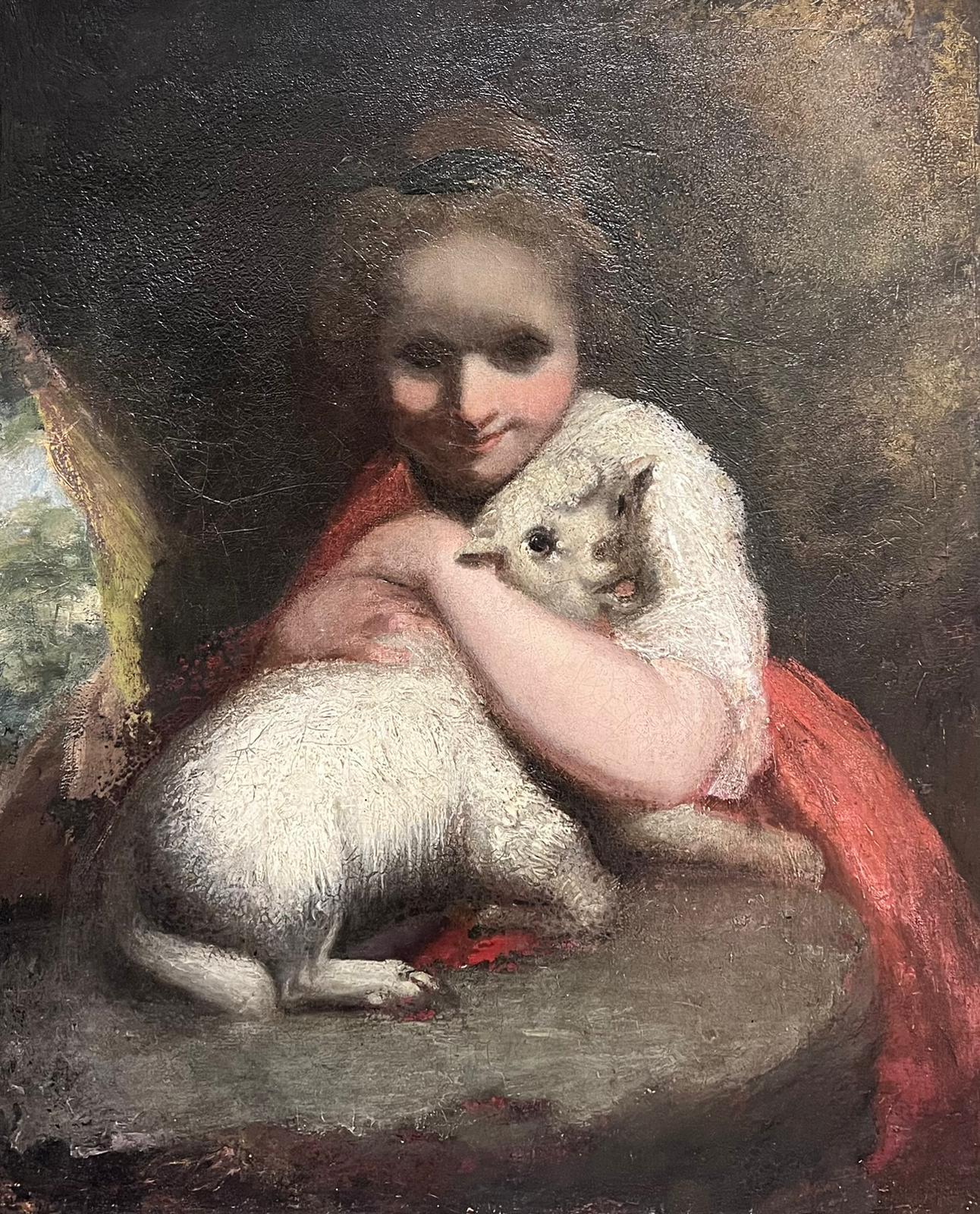 Pregevole olio antico britannico del XVIII secolo La giovane pastorella con l'agnello - Animal Painting Nero di circle of Joshua Reynolds