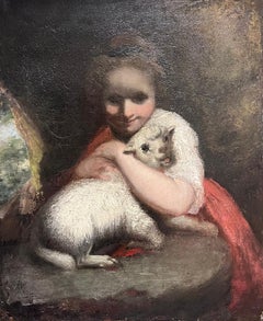 Fine huile du 18ème siècle de l'ancien maître britannique The Young Shepherdess with Lamb