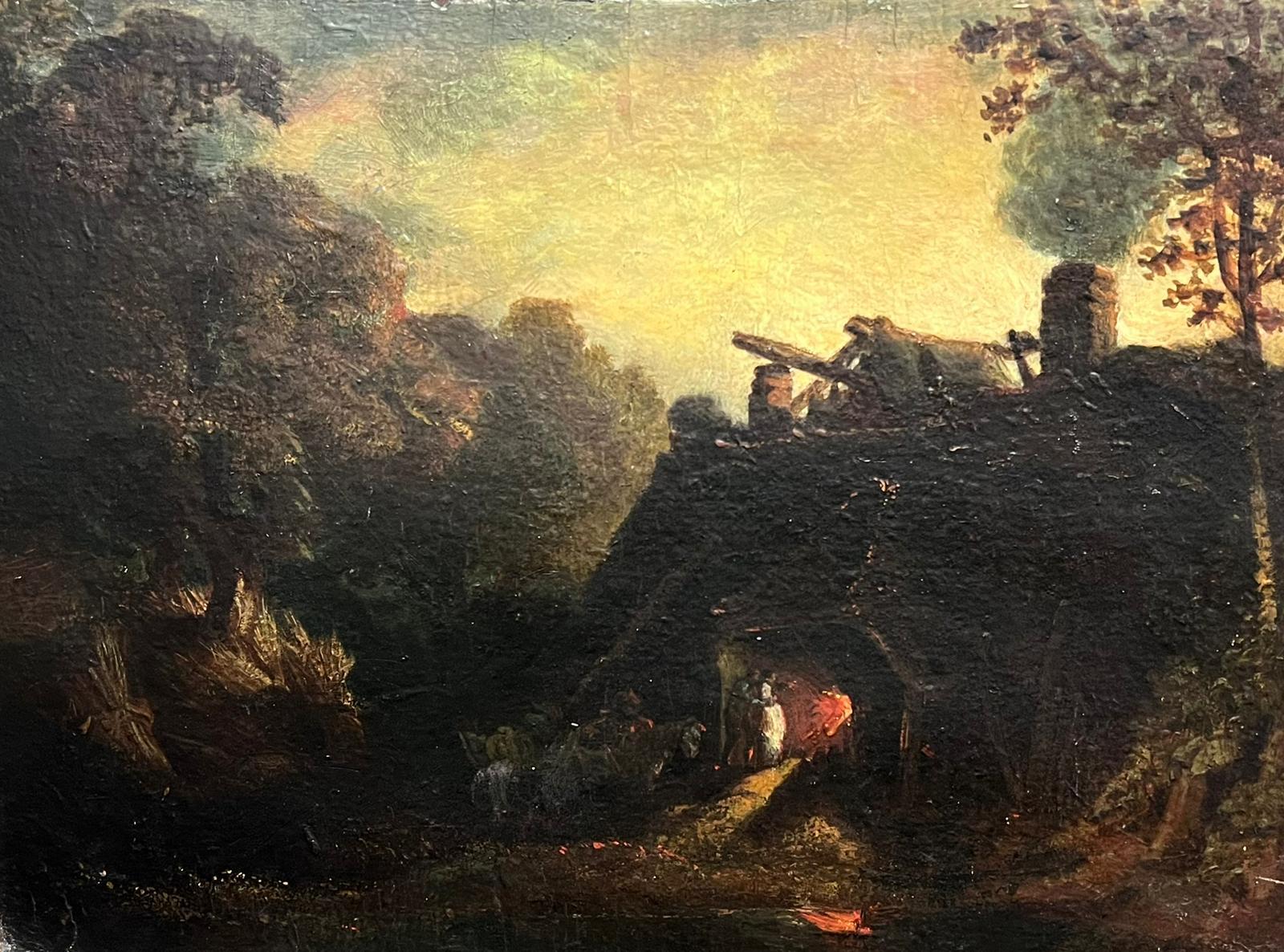 Peinture à l'huile britannique de la fin du XVIIIe siècle Figures de forgerons Forge Paysage