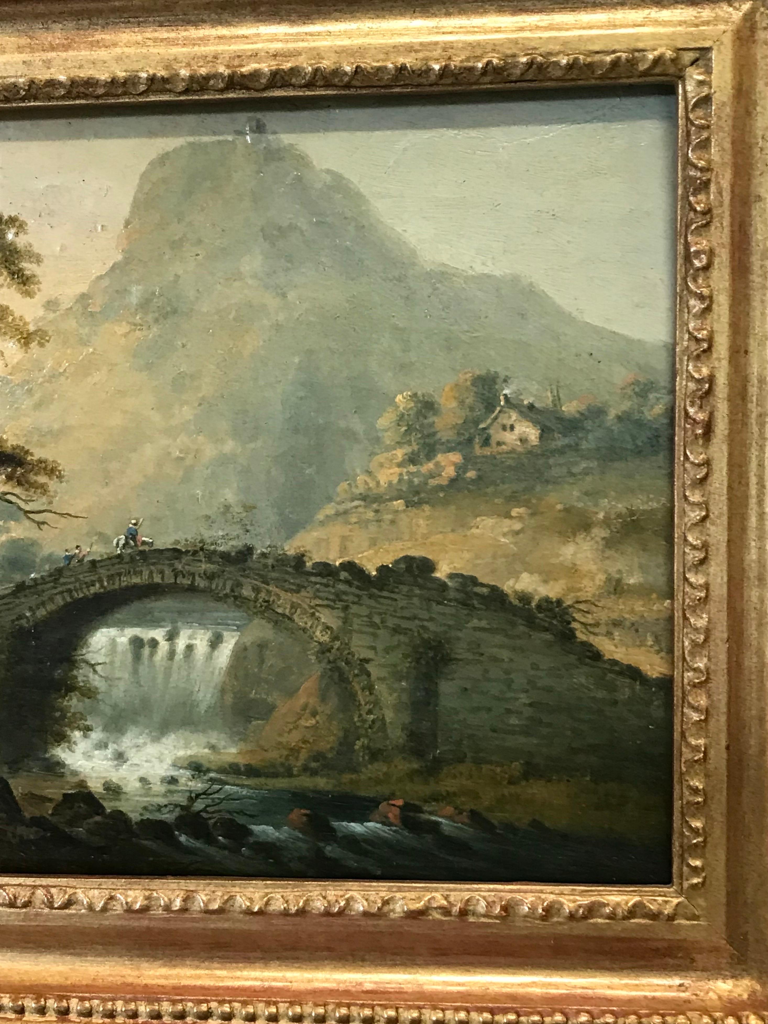 Raffinato dipinto georgiano a olio su pannello, Figure in un paesaggio delle Highlands di Bridge - Painting Vittoriano di circle of Julius Caesar Ibbetson