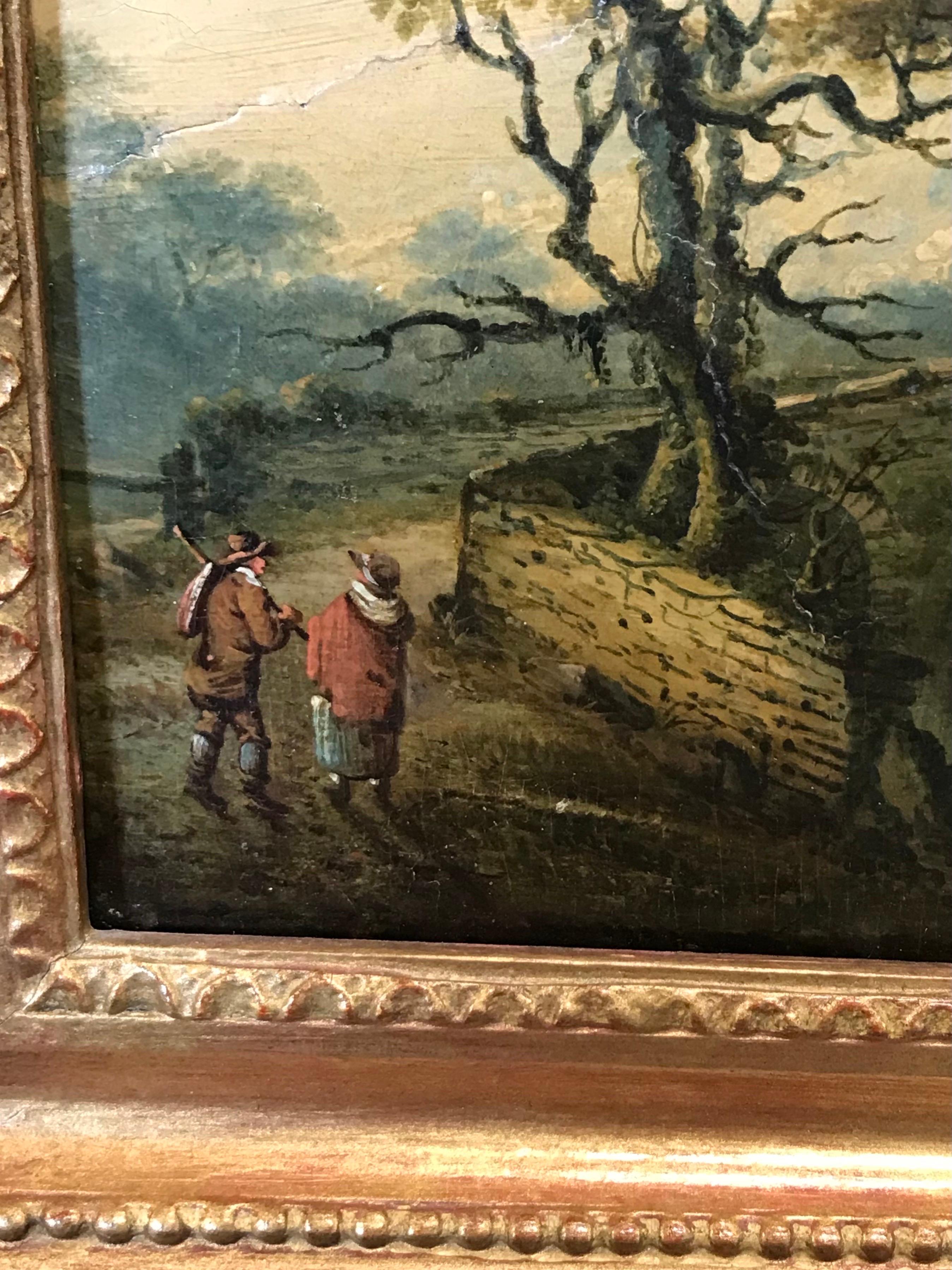 Fine Georgian Oil on Panel Painting, Figures in Highland Landscape by Bridge - Brown Landscape Painting by circle of Julius Caesar Ibbetson