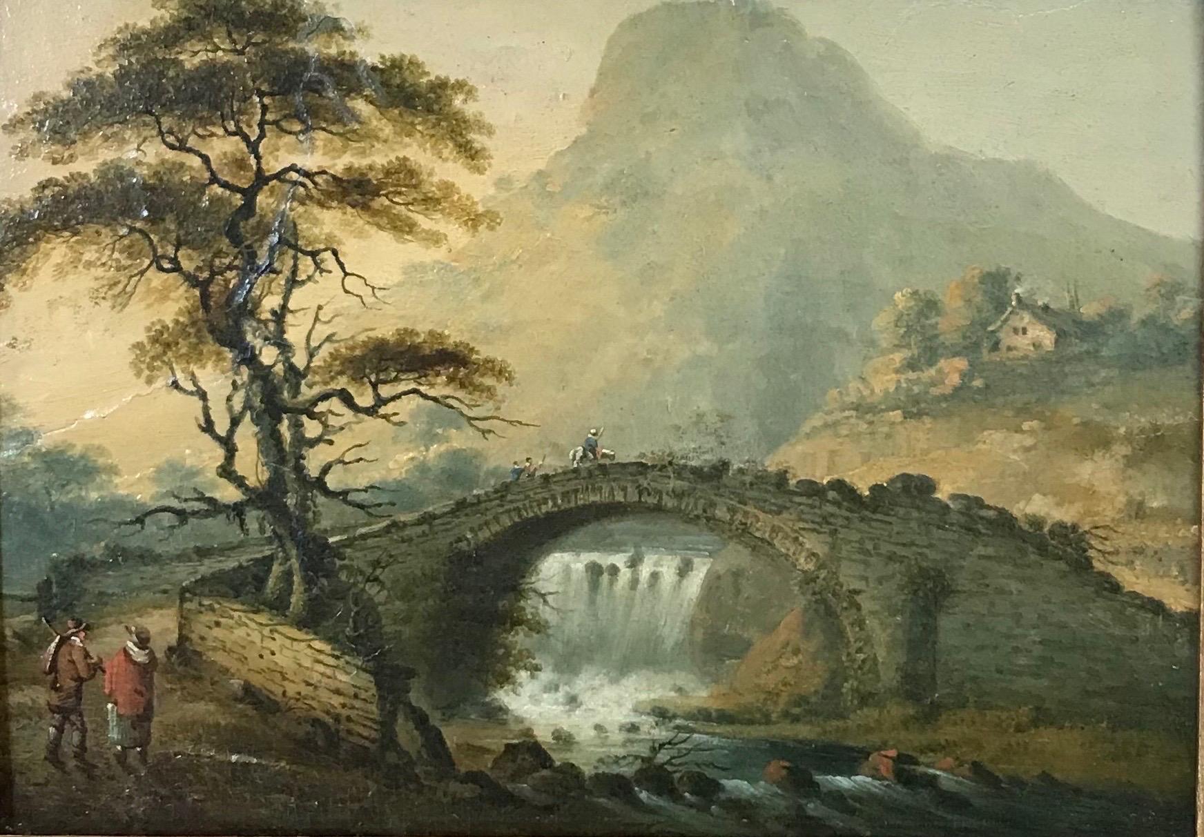 circle of Julius Caesar Ibbetson Landscape Painting - Fine Georgian Oil on Panel Painting, Figures in Highland Landscape by Bridge