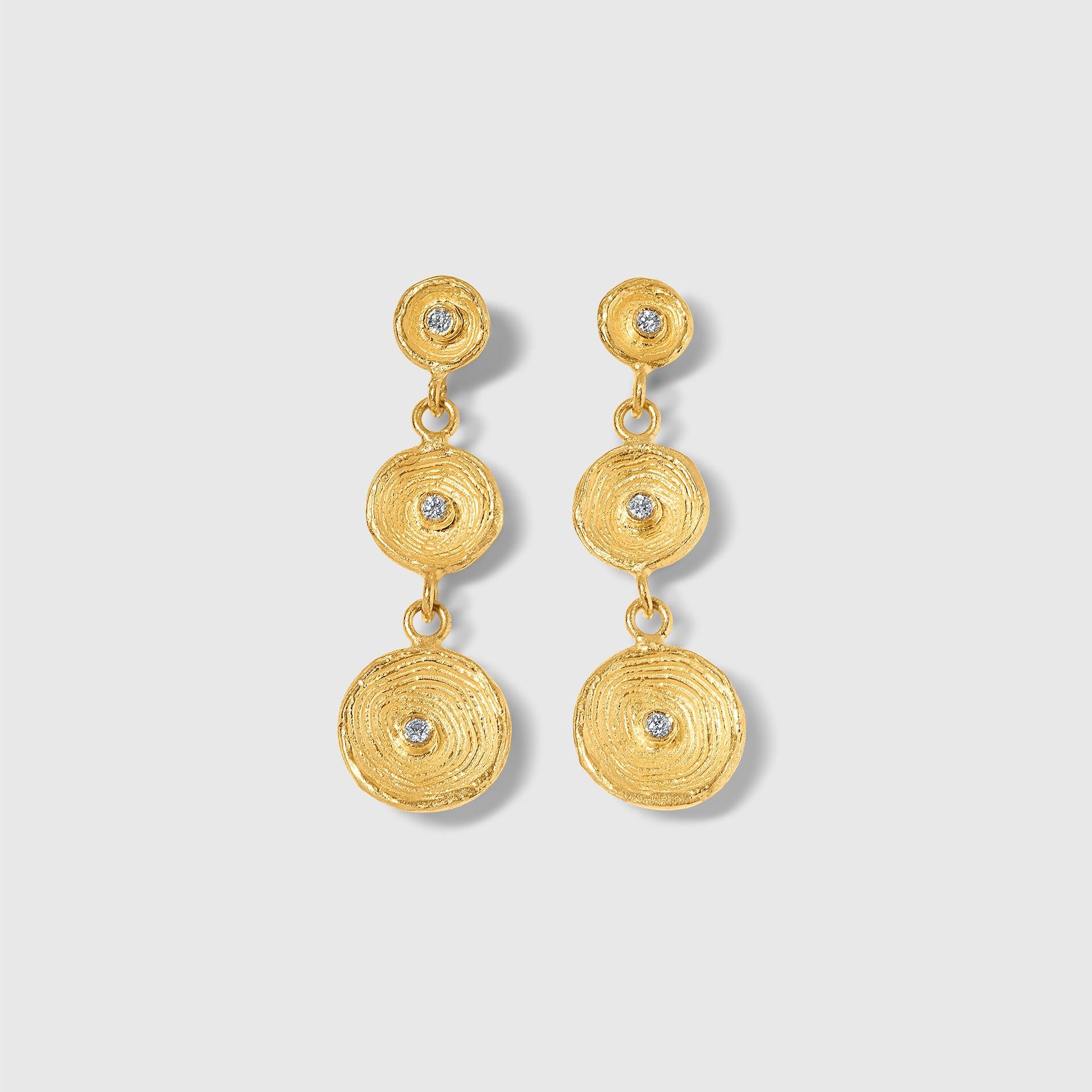 Round Cut Circle of Life, Disc, Cup Triple Dangle Earrings with Diamond Detail, 24kt Gold For Sale
