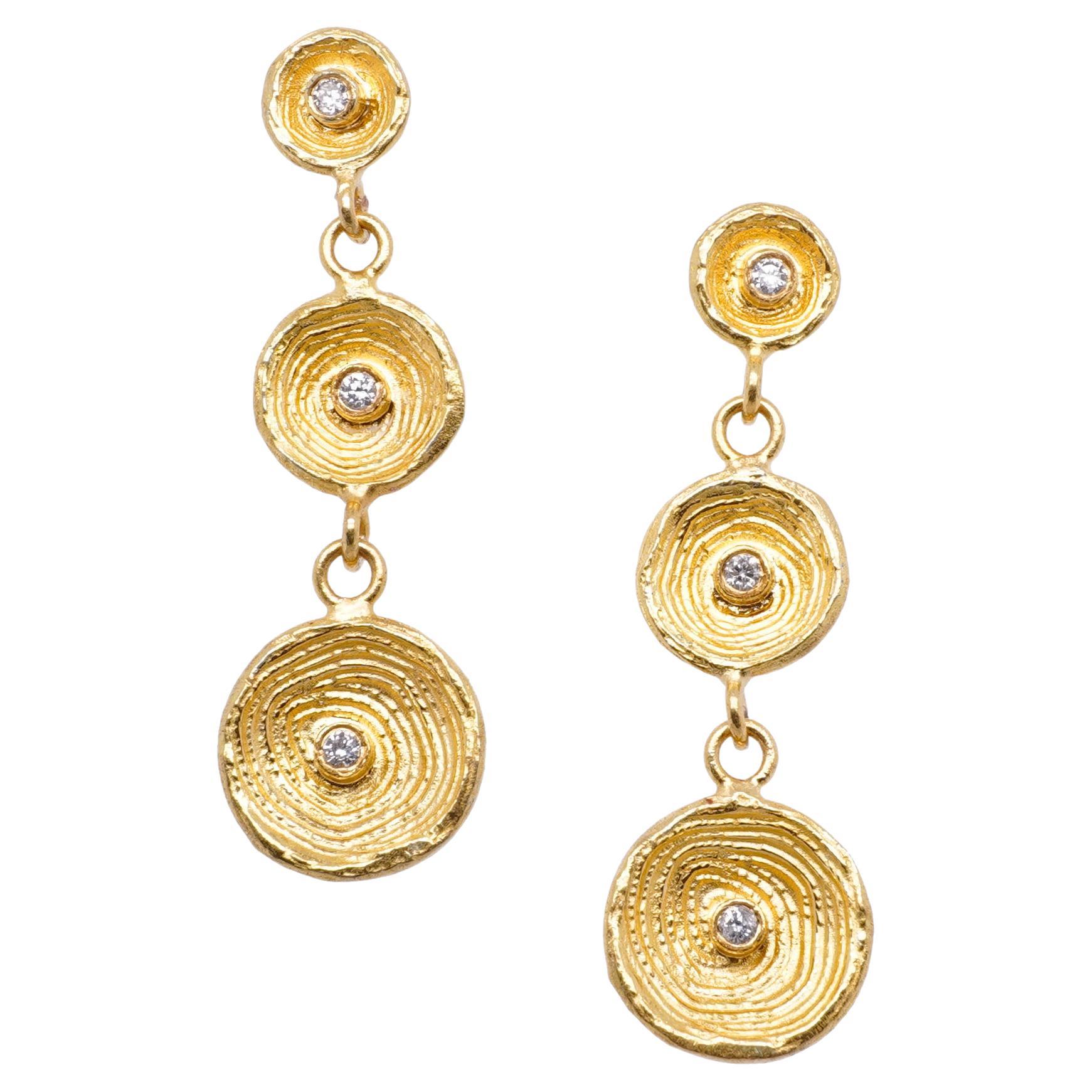 Circle of Life, Disc, Cup Triple Dangle Earrings with Diamond Detail, 24kt Gold by Prehistoric Works of Istanbul, Turkey. Total length: 29mm (1.1