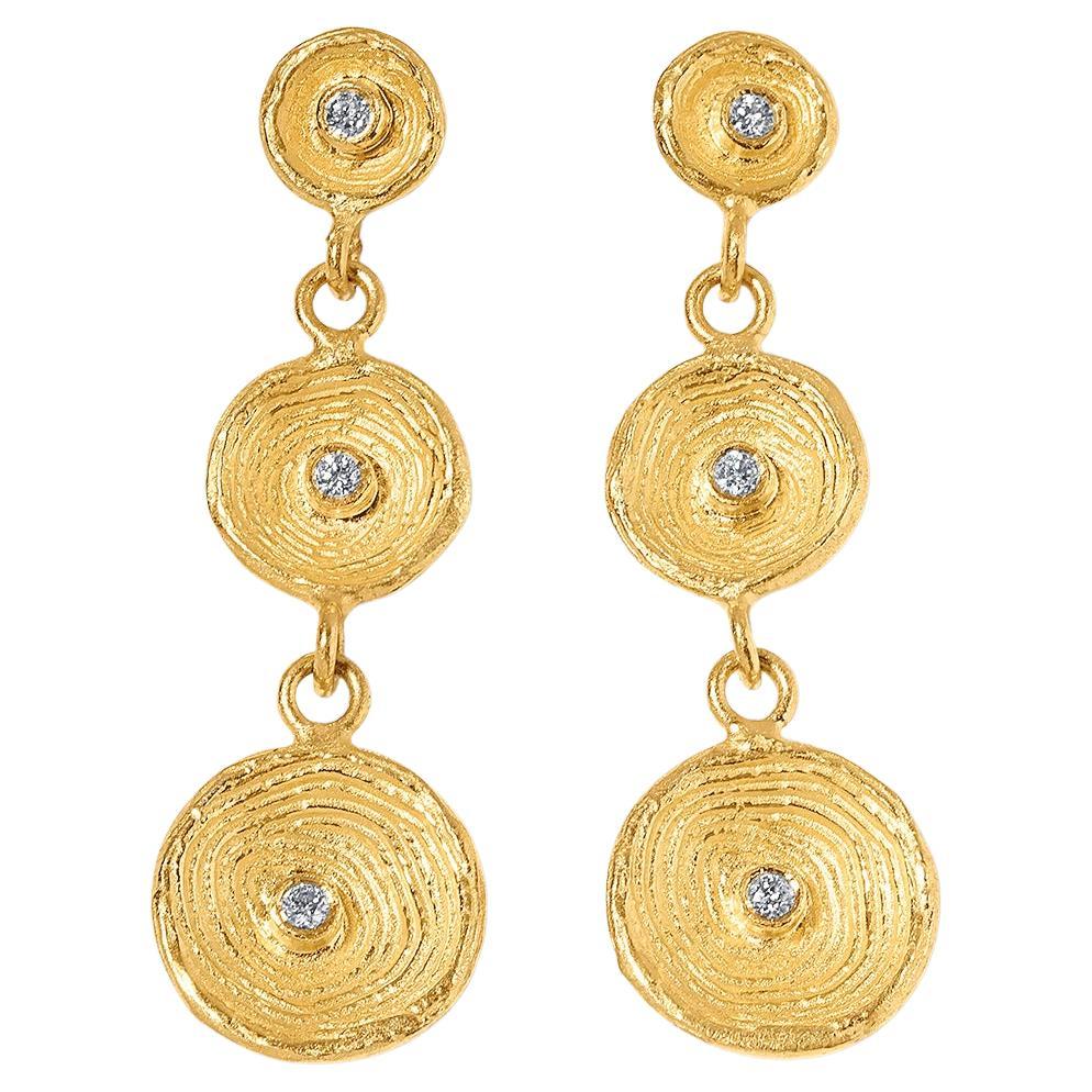 Circle of Life, Disc, Cup Triple Dangle Earrings with Diamond Detail, 24kt Gold For Sale