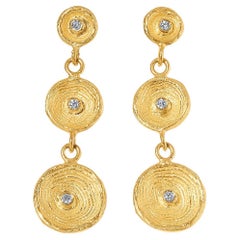 Circle of Life, Disc, Cup Triple Dangle Earrings with Diamond Detail, 24kt Gold