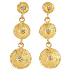 Boucles d'oreilles triple cercle de vie, disque, tasse avec diamants, or 24 carats