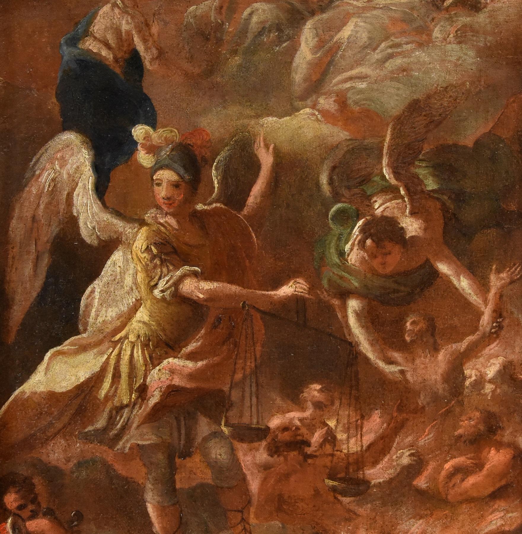 Luca Giordano (Napoli, 1634 - 1705) bottega di

La Psicostasia dell'Arcangelo Michele, o la Pesatura delle anime
(probabile schizzo preparatorio)

Olio su tela
58 x 43 cm.
Incorniciato 73 x 61 cm.

Il soggetto di questa affascinante tela è tratto