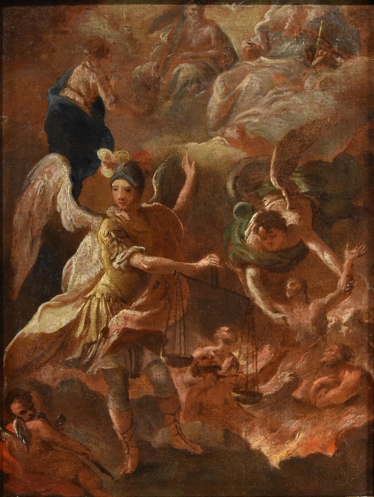Psicostasia Arcangelo Michele Giordano Dipinto del XVII secolo Olio su tela Italia - Painting di Circle of Luca Giordano (Naples, 1634 - 1705)