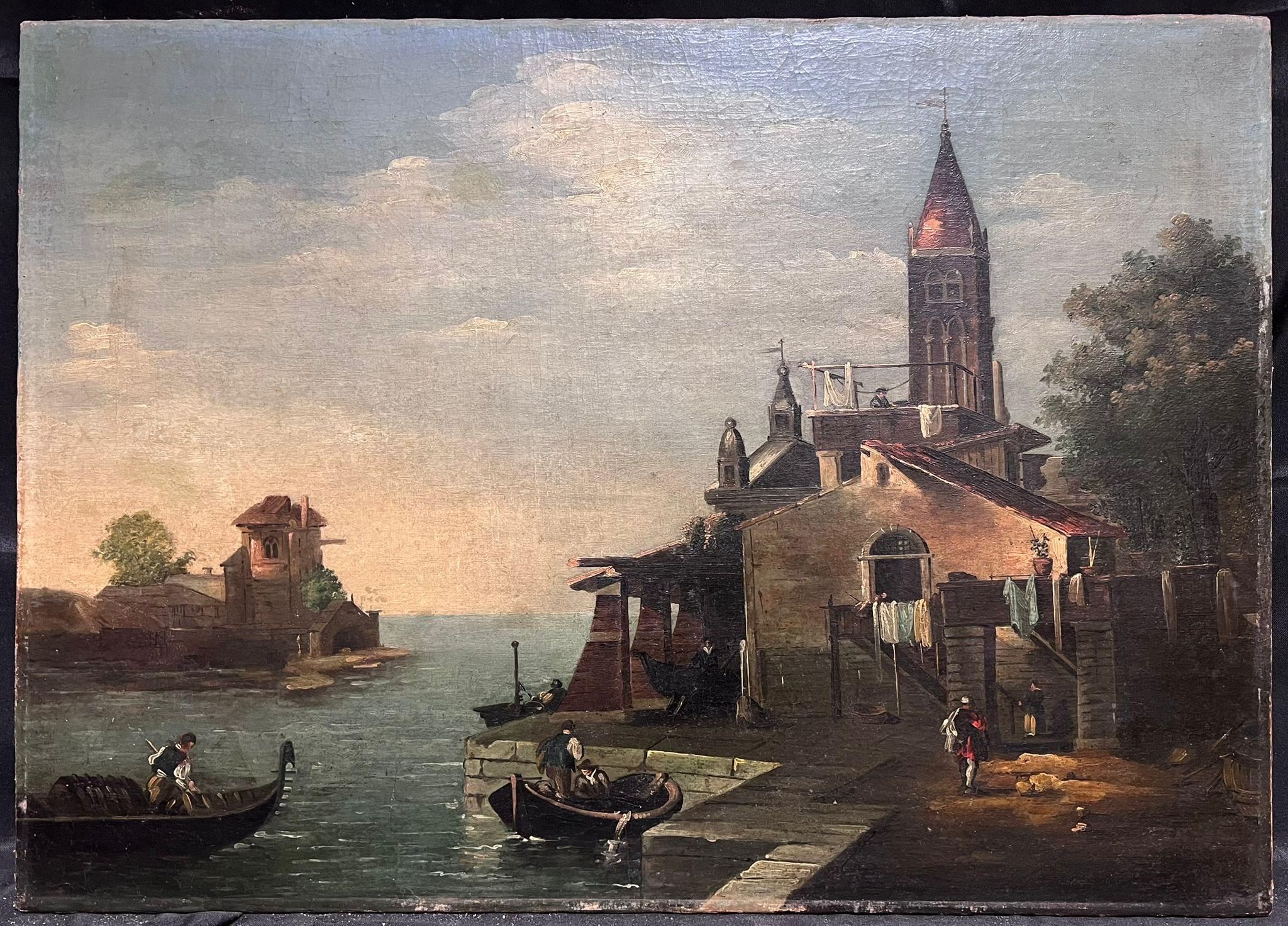 Belles figures de maîtres anciens italiens peints à l'huile par Shipping Harbour Port, années 1700 - Painting de circle of Marieschi