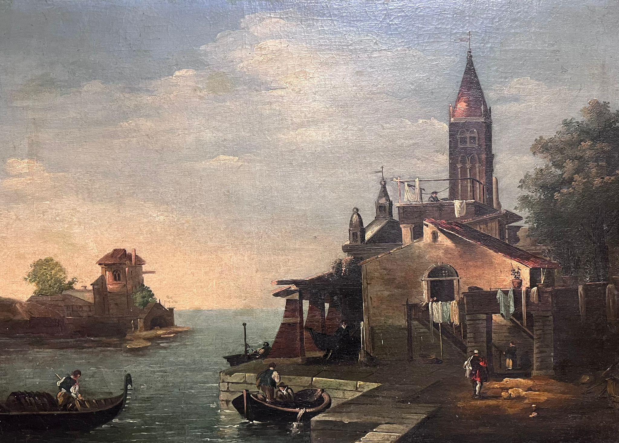 circle of Marieschi Landscape Painting – Fine 1700's Italian Old Master Oil Painting Figuren von Shipping Harbour Port