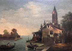 Belles figures de maîtres anciens italiens peints à l'huile par Shipping Harbour Port, années 1700