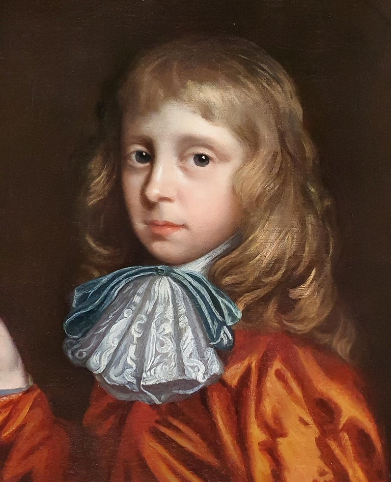 Portrait of a Boy and Pet Dog c.1680, Antique oil on Canvas Painting For Sale 1