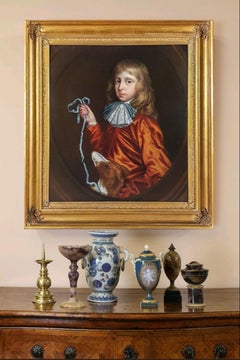 Portrait of a Young Gentleman and Pet Dog c.1680, Antique oil on Canvas Painting
