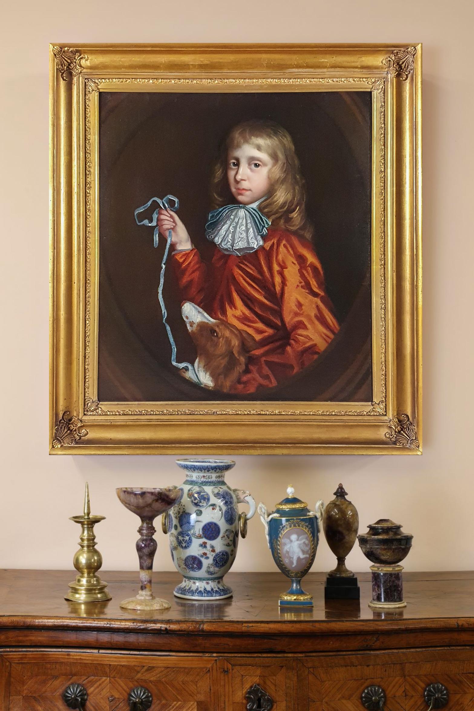 Portrait of a Young Gentleman and Pet Dog c.1680, Antique oil on Canvas Painting