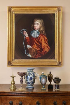 Porträt eines jungen Gentleman und eines Haustierhundes, ca. 1680, antikes Gemälde in Öl auf Leinwand