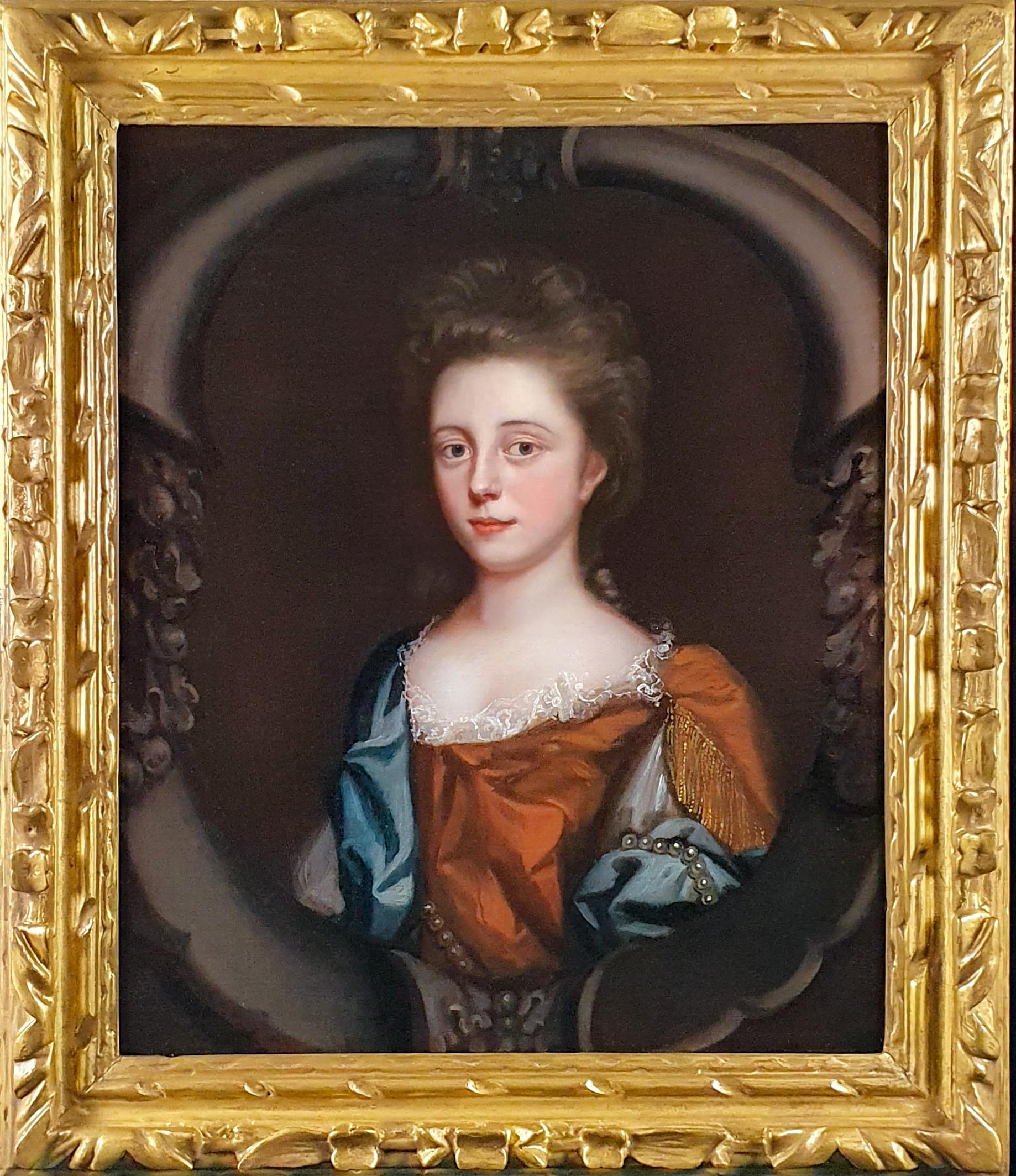 (Circle of) Mary Beale Portrait Painting - Portrait of a Young Lady in a Russet Dress with Blue Wrap c.1680’s; Mary Beale
