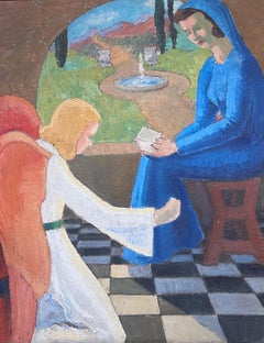 Large 1920's French Nabis School Oil Painting The Annunciation Mary & Angel