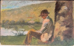 Contemplative Fisherman by River Oil Painting Early 20th C. French Impressionist