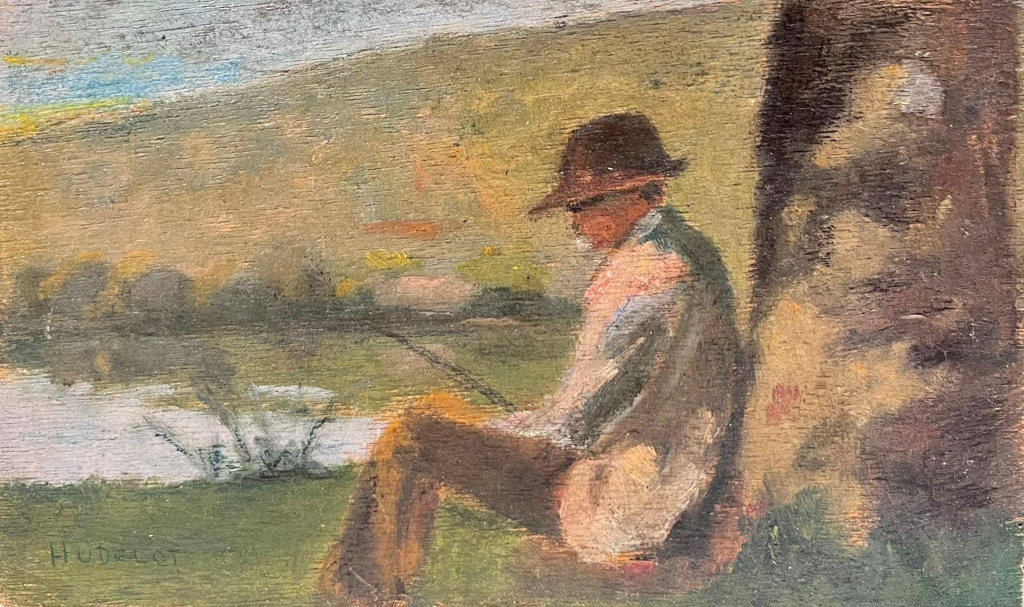 Figurative Painting di circle of Max Luce - Pescatore contemplativo vicino al fiume Pittura a olio dell'inizio del XX secolo Impressionista francese