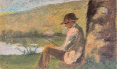 Contemplative Fisherman by River Oil Painting Early 20th C. French Impressionist