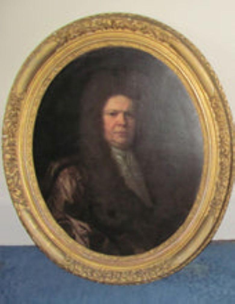 Porträt von Sir William Cowper [1639-1706] Kreis von Michael Dahl
17. Jahrhundert  oval, brustlang, mit langer dunkler Perücke, Spitzenkrawatte und braunem Mantel. 
Die Größe ist 73 x 60 cm, (24 x 28,5 Zoll ca. )die Gesamtgröße 96,5 x 84 cm (38x33