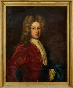 Fine 1700's English School Oil Portrait of a Nobleman in Wig & Red Coat